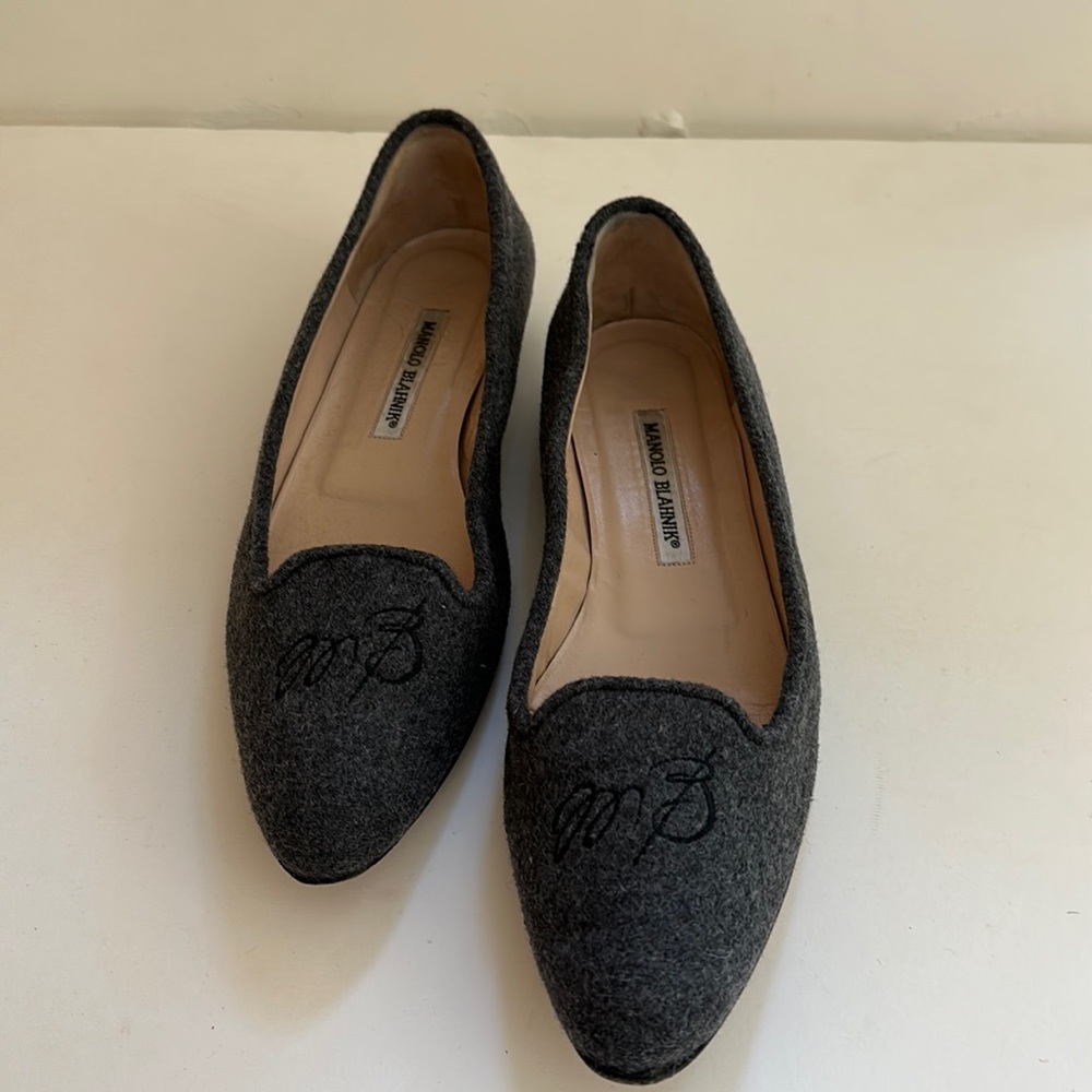 Manolo Blahnik Gray Wool Monogram Flats